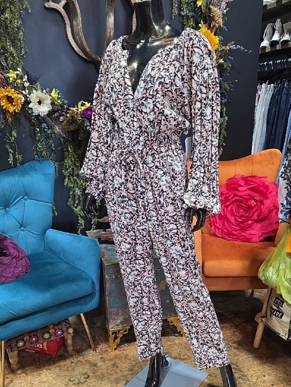 Free People Linen Pattern Dedign  V-Neck Jumpsuit with Open Back.